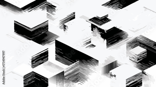 Modern abstract geometric black and white background with distressed glitch effect and isometric cubic shapes pattern for digital design
