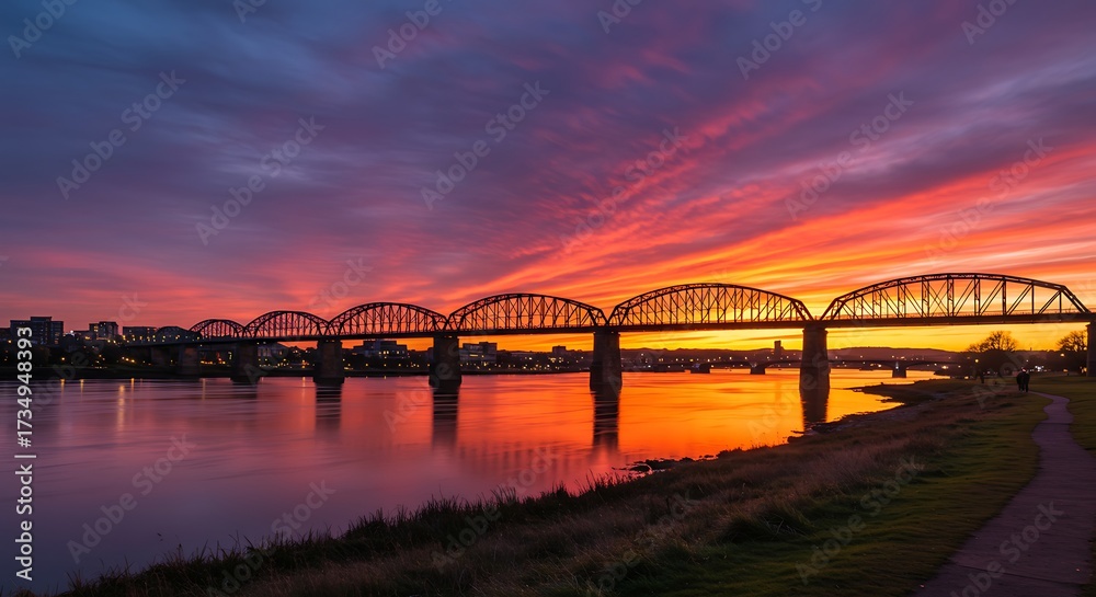 Naklejka premium Bridge silhouette at sunset with colorful sky and water reflection