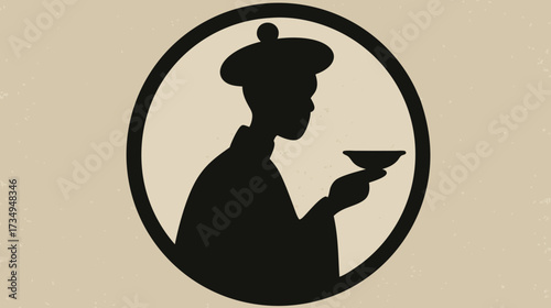 Silhouette of a person in traditional attire holding a small bowl within a circular emblem, evoking classic cultural heritage or beverage ritual