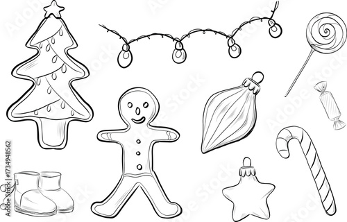 Christmas set with gingerbread cookies garland candy and toys