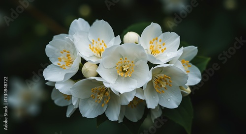 Fototapeta Naklejka Na Ścianę i Meble -  Close up of white jasmine flowers with yellow centers in soft focus