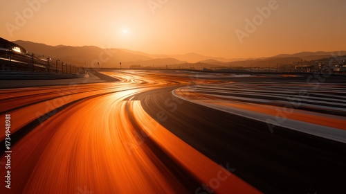 Race track curves into sunset with orange hues and mountain silhouette