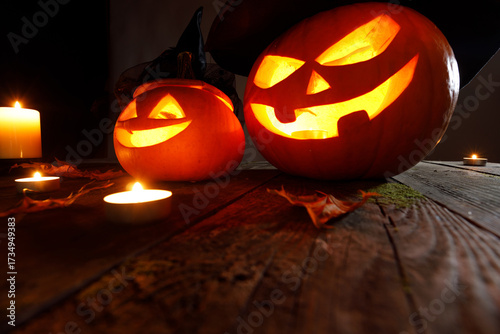 halloween pumpkins on wooden background