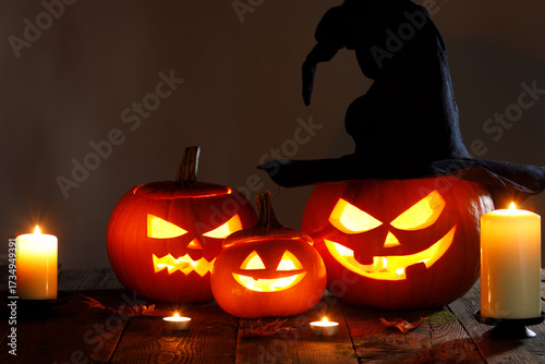 halloween pumpkins on wooden background