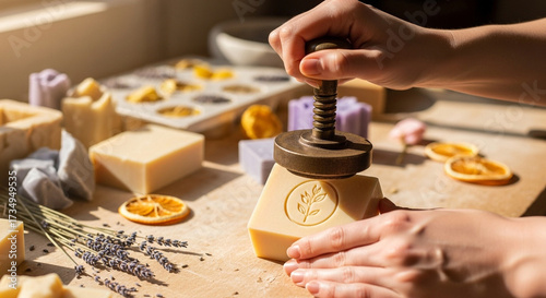 Artisan hand stamping a handmade soap bar with botanical design, surrounded by lavender and dried citrus