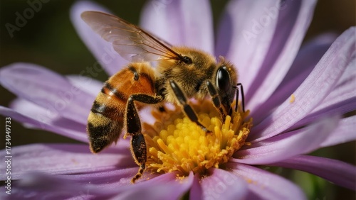 Honeybee collecting pollen on a purple flower with yellow center