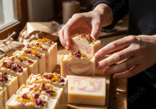 Close-up handmade soap bars decorated with dried flowers and natural swirls, artisan skincare product in sunlight