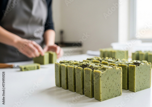 Rows of green herbal soap bars freshly cut by artisan hands, natural organic handmade skincare product