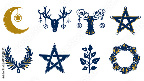 Set of mystical pagan celestial illustrations. Decorative vector elements including crescent moon, stars, pentagrams, deer antlers, and nature wreaths in blue and gold.
