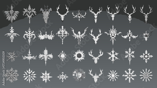 Elegant decorative vector elements featuring stylized antlers, intricate crests, snowflakes, and geometric patterns for design projects.