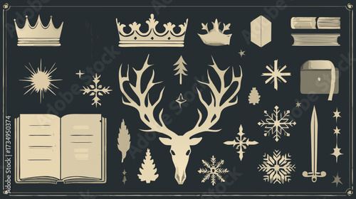 Vintage fantasy graphic elements set with crowns, stag head, ornate symbols, snowflakes, and books on dark background