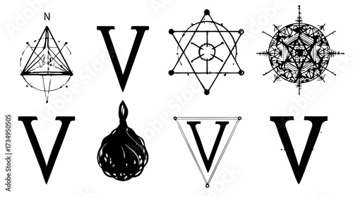Collection of abstract black and white geometric symbols and letter V, featuring esoteric and mystic graphic elements