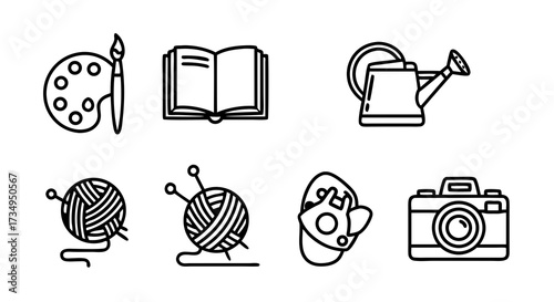 Leisure and Recreation Activities Outline Icon Set. A collection of linear symbols for personal interests and pastimes like art, music, and gardening.