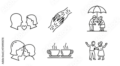 Love and Relationship Thin Line Icon Set. A romantic collection of minimalist outline symbols showing a couple's togetherness, support, and affection.