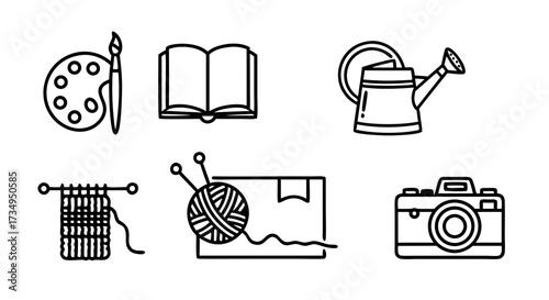 Hobbies and Creative Pastimes Line Icon Set. A collection of minimalist outline symbols for leisure activities like painting, reading, and knitting.