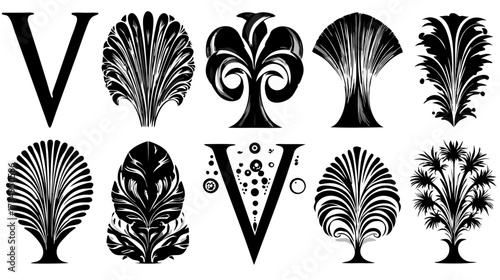 Vintage Inspired Black Decorative Elements Set with Stylized Floral Motifs, Abstract Trees, and Capital Letter V Designs for Graphic Use