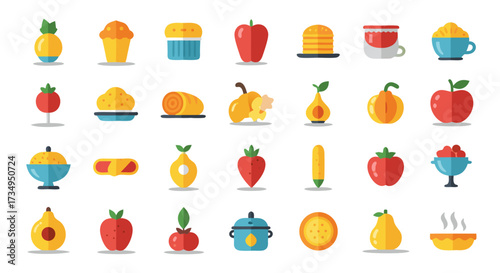 Fresh Fruits and Desserts Flat Icon Set. A colorful collection of healthy food, sweet treats, and vegetable symbols for a diet or nutrition app.