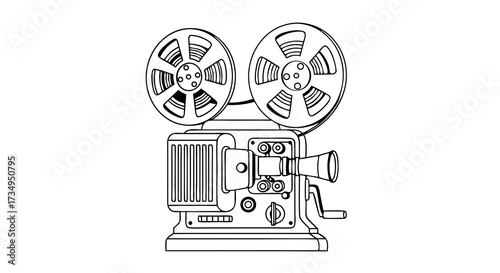Vintage Movie Projector Line Art. A retro hand-drawn sketch of an old cinema film projector for the entertainment industry and filmmaking concepts.