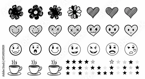 Hand Drawn Scribble Icon Set. A collection of sketch and doodle symbols like hearts, emoji faces, and star ratings in a rough, sketchy style.