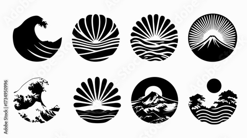 Set of minimalist Japanese style nature icons. Black and white vector illustrations featuring stylized waves, rising sun, mountains, and traditional landscapes.