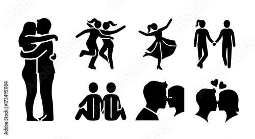 Simple couple relationship and love icon set. Black and white silhouette vector collection of people hugging, kissing, and dancing together.