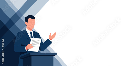 Business Presentation with Abstract Background and Speaker Holding Paper for Communication