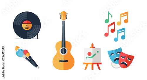 Vector Icon Set of Music and Art Symbols including Guitar, Record, Paint, and Theater Masks