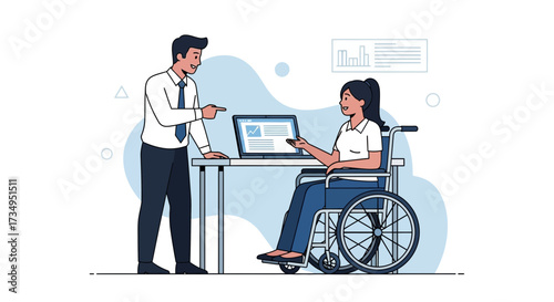 Business collaboration illustration, disabled woman in wheelchair and co-worker together