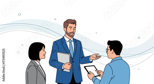 Business colleagues discussing project using tablet computer and a folder in the office