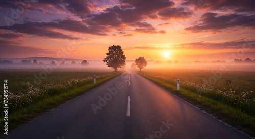 Road leading towards sunrise with trees and fields under a colorful sky