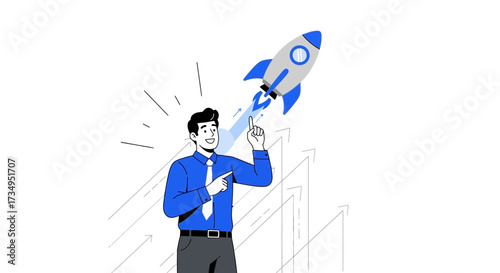 Business Entrepreneur Launching Rocket Symbolizing Success and Growth, Reaching New Heights