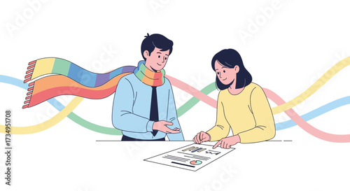 Business discussion and collaboration conceptualized with rainbow scarf and document display