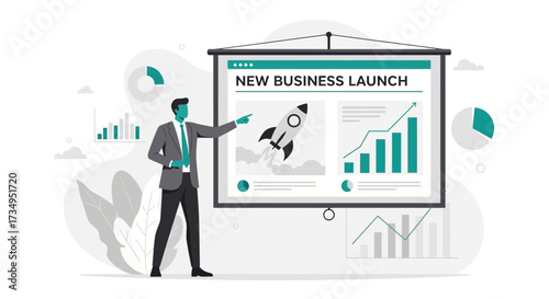 Business Entrepreneur Presents New Launch Plan With Rocket Graphics and Growth Charts Showing Boost