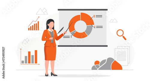 Business woman presenting a financial pie chart to illustrate growth and analysis