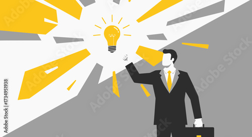 Business idea and success illustrated through a businessman admiring a light bulb