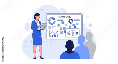 Business woman presenting chart on a board in a meeting with a team for analysis