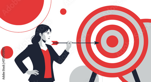 Business woman with arrow aiming for the target to achieve success goals