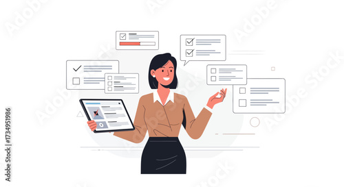 Business woman with a tablet managing tasks and assessing performance, planning