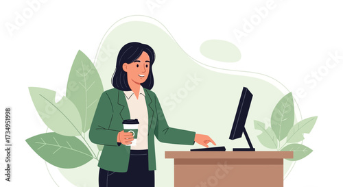Business woman working on computer, holding coffee cup, office concept illustration