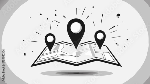 Stylized black and white illustration of a folded map with multiple location pins, symbolizing navigation, travel planning, and points of interest discovery.