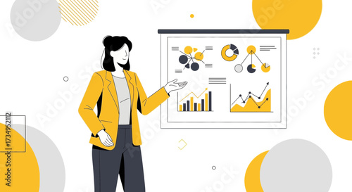 Business presentation with woman and data visualization charts representing analytics