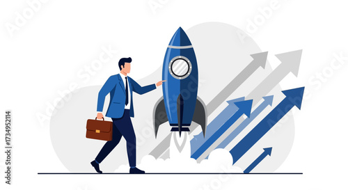 Business Launch: A Businessman Directing A Rocket Towards Success in A Graphic Illustration