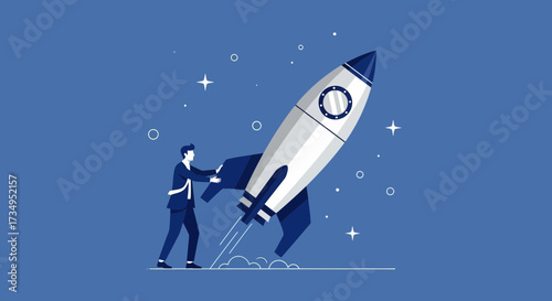 Business Launching, Man Pushing a Rocket into the Future Sky, Modern Entrepreneurship