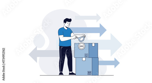 Business Process Analysis: A Man Inspecting Boxes With Directional Arrows In Illustration