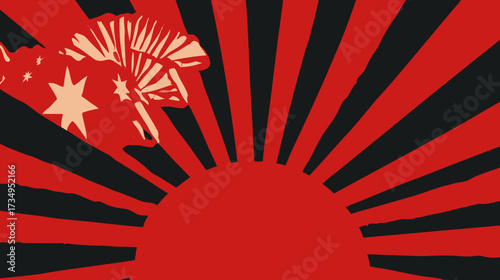 Dynamic red and black sunburst background with stylized star icon, graphic rays, and grunge texture. Abstract visual with strong contrast.