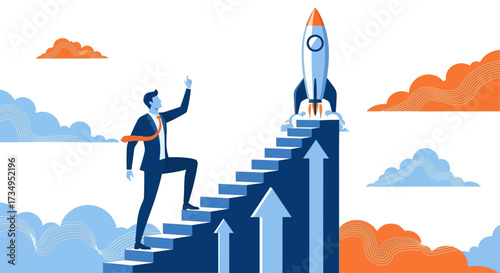 Business Leader Ascending To Success, Reaching For Goals, Launching Innovative Concepts