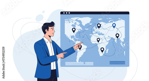 Business man analyzing world map with markers for global strategy and marketing
