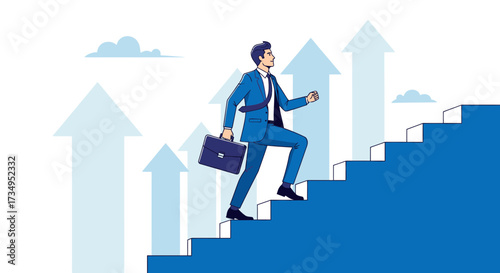Business man climbing stairs towards success, career, growth, and development