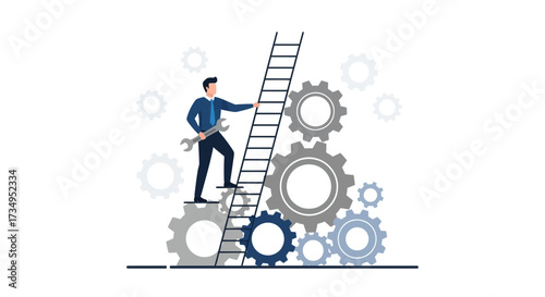 Business Professional Ascending Ladder Over Gears, Achieving Success And Overcoming Challenges