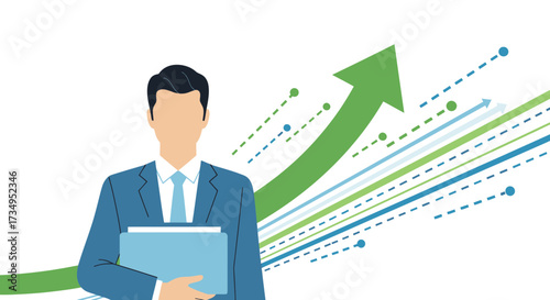 Business man in a suit with a rising arrow showing growth and success illustration